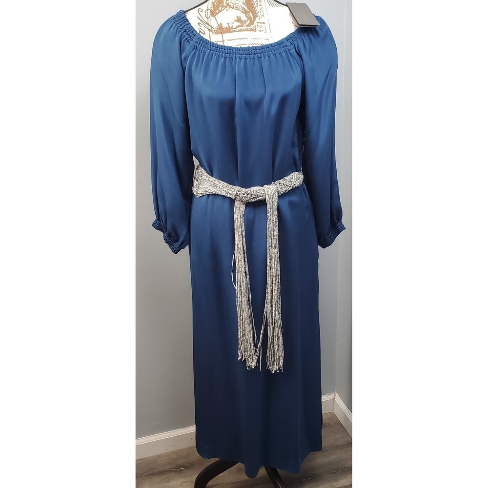 Foundry Maxi Dress Womens 8 Blue Silk Braided Belt Long Sleeve Off-The-Shoulder